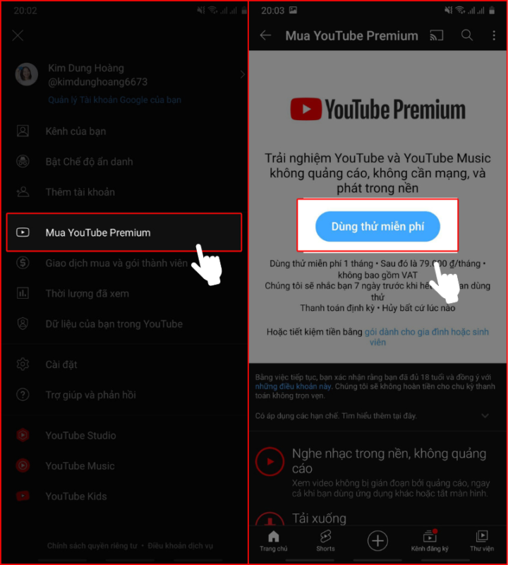 đăng ký tài khoản youtube premium